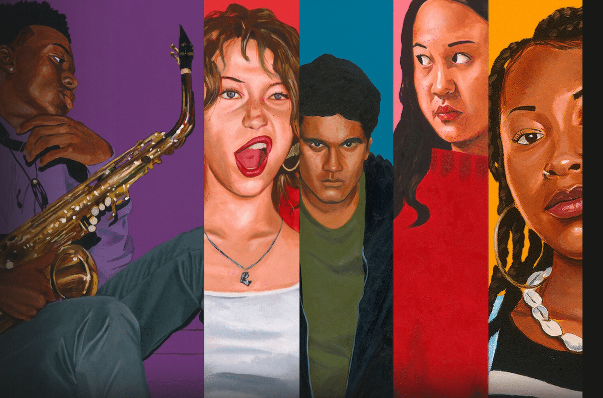 The cast of Grand Army in an animated poster